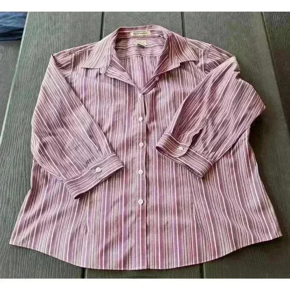 LL Bean Womens Wrinkle Resistant Button-Up Striped Top XL Purple 100% Cotton